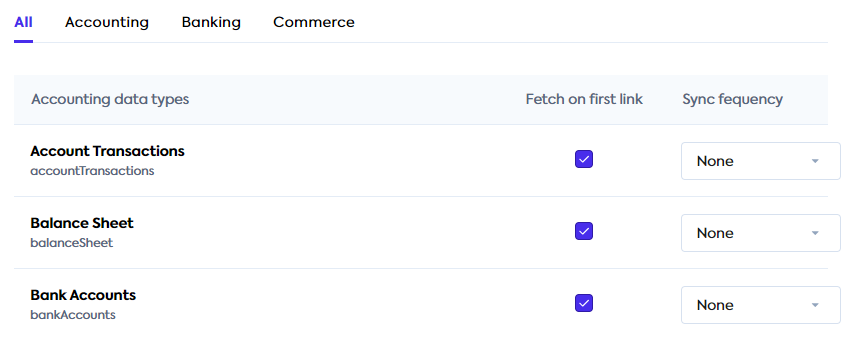 Data type settings view in the Codat Portal